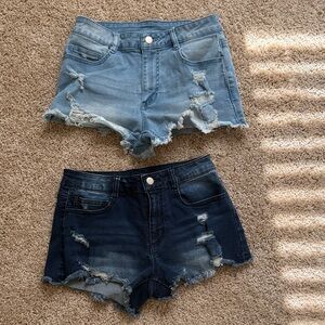 Trendy Distressed Denim Shorts - Light and Dark Blue